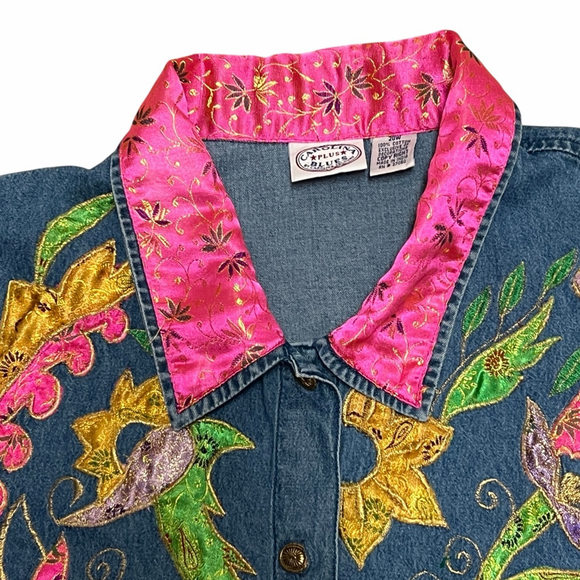 Carolina Blues Plus Denim Jacket 20W Embroidered Floral Boho Pink Collar - Picture 3 of 16